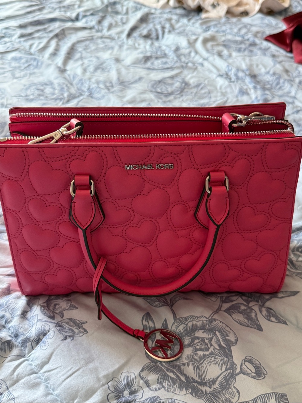Michael Kors Red Quilted Heart Satchel with Logo Charm